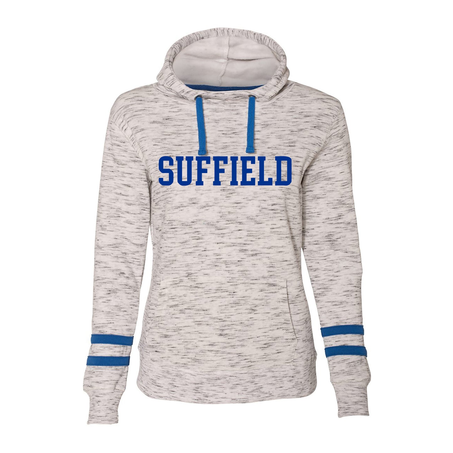 Ladies Striped Sleeve Suffield Hoodie grey and blue.