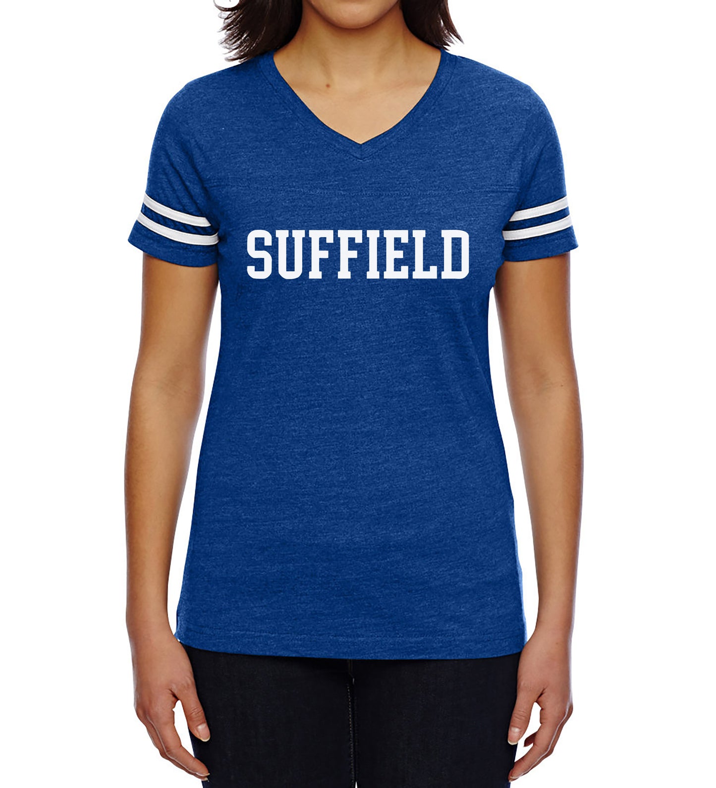 Women's Blue with White Stripes Suffield V-Neck shirt